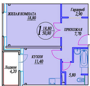 Планировка 1-комнатной квартиры в Новоснегирёвский (Новые Снегири) - тип 1