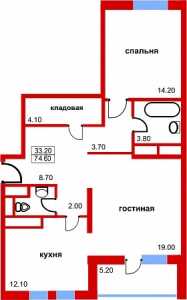 Планировка 2-комнатной квартиры в Южный