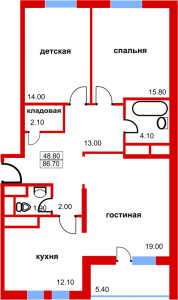 Планировка 3-комнатной квартиры в Южный - тип 1