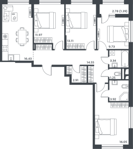 Планировка 4-комнатной квартиры в Level Лесной - тип 1