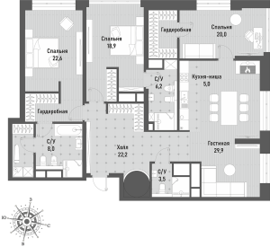 Планировка 4-комнатной квартиры в Ренессанс - тип 2