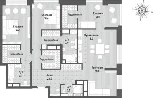 Планировка 4-комнатной квартиры в Ренессанс - тип 1