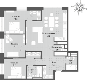 Планировка 3-комнатной квартиры в Ренессанс