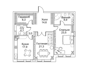 Планировка 2-комнатной квартиры в Barrin House