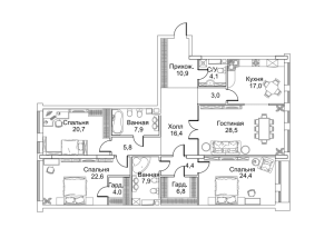 Планировка 4-комнатной квартиры в Barrin House - тип 1