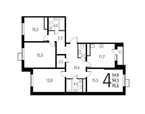 Планировка 4-комнатной квартиры в Новые Ватутинки.Центральный - тип 1