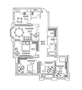 Планировка 4-комнатной квартиры в Алые паруса - тип 2