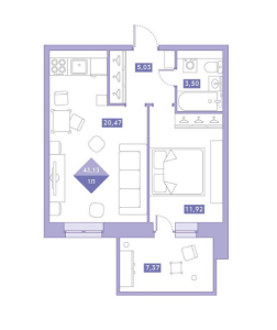 Планировка 1-комнатной квартиры в Новый Клин