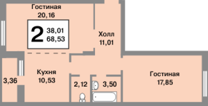 Планировка 2-комнатной квартиры в Татьянин Парк