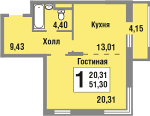 Планировка 1-комнатной квартиры в Татьянин Парк - тип 1