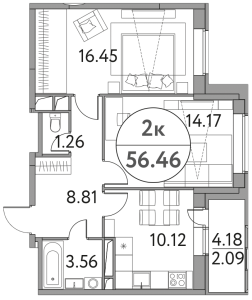 Планировка 2-комнатной квартиры в Солнечная долина