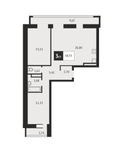 Планировка 3-комнатной квартиры в Отрада