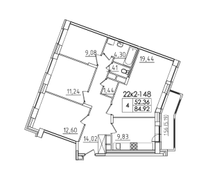 Планировка 4-комнатной квартиры в Пятницкие кварталы - тип 1