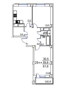 Планировка двухкомнатной квартиры в Лукино-Варино