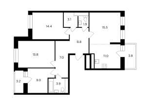 Планировка 4-комнатной квартиры в Новое Пушкино - тип 1