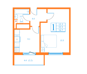 Планировка 1-комнатной квартиры в Афродита