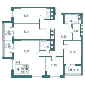 Планировка 4-комнатной квартиры в Одинбург - тип 1