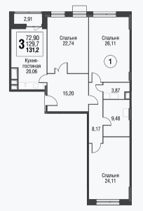 Планировка трехкомнатной квартиры в Резиденции архитекторов