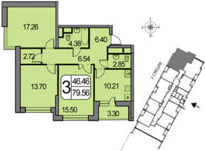 Планировка 3-комнатной квартиры в Белые росы