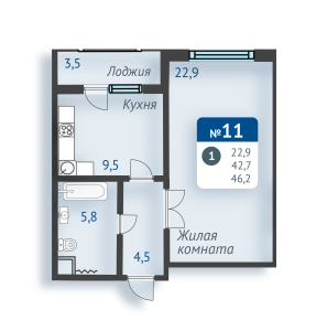 Планировка 1-комнатной квартиры в на Ленинском проспекте