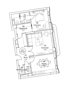 Планировка 2-комнатной квартиры в ВТБ Арена Парк