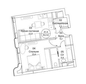 Планировка 1-комнатной квартиры в ВТБ Арена Парк