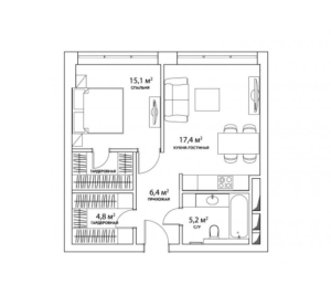 Планировка 1-комнатной квартиры в Лица