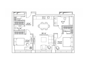 Планировка 2-комнатной квартиры в Лица