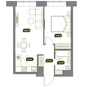 Планировка 1-комнатной квартиры в Собрание клубных домов West Garden