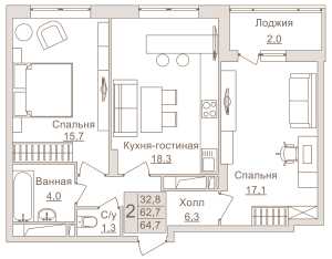 Планировка 2-комнатной квартиры в Влюберцы