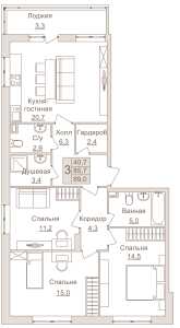 Планировка 3-комнатной квартиры в Влюберцы