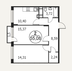 Планировка 2-комнатной квартиры в Катуар - тип 1
