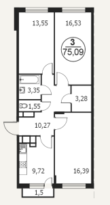 Планировка 3-комнатной квартиры в Катуар