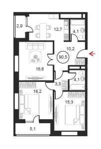 Планировка 3-комнатной квартиры в Искра-Парк