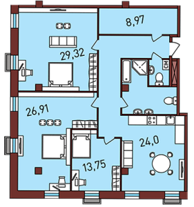 Планировка 3-комнатной квартиры в Новая Пресня