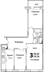 Планировка 3-комнатной квартиры в Высокий Берег