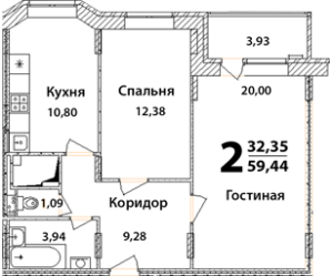 Планировка 2-комнатной квартиры в Высокий Берег