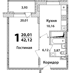 Планировка 1-комнатной квартиры в Высокий Берег