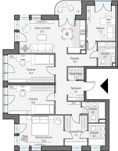 Планировка 4-комнатной квартиры в Достижение - тип 1