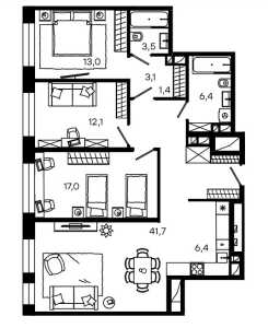 Планировка 3-комнатной квартиры в Level Донской