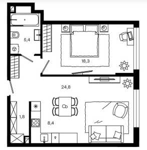 Планировка 1-комнатной квартиры в Level Донской