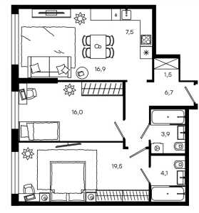Планировка 2-комнатной квартиры в Level Донской