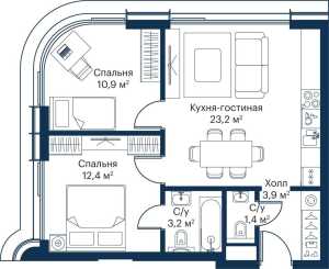 Планировка 2-комнатной квартиры в City Bay