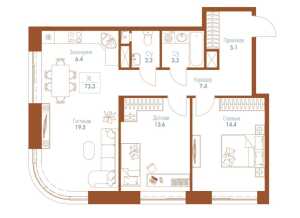 Планировка 3-комнатной квартиры в Monodom Family