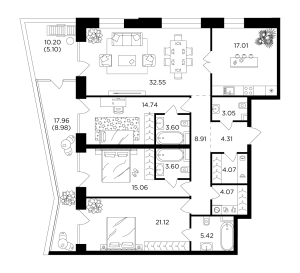 Планировка 4-комнатной квартиры в Foriver - тип 1