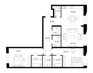 Планировка 3-комнатной квартиры в Foriver