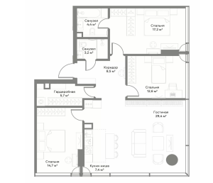 Планировка 3-комнатной квартиры в Slava