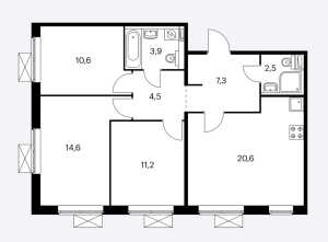 Планировка 3-комнатной квартиры в Середневский лес