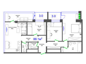 Планировка 4-комнатной квартиры в На Пришвина, 4А - тип 1