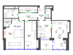 Планировка 3-комнатной квартиры в На Пришвина, 4А